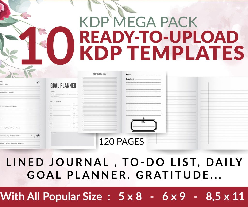 KDP Mega Bundle 10 Templates 60 interiors Lined Pages, doted, To-Do List, planner, Journal ,Notebook, Ready To Upload PDF COMMERCIAL Use
