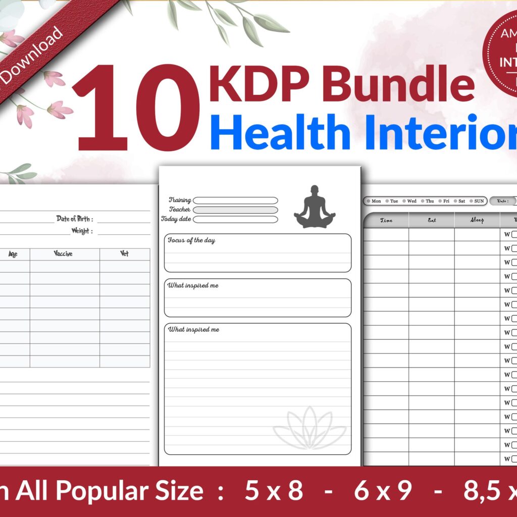 Amazon KDP Health Bundle of 10 interiors with 3 Size 6×9 8.5×11 5×8 Low Content Books Logbook, Ready To Upload PDF COMMERCIAL Use