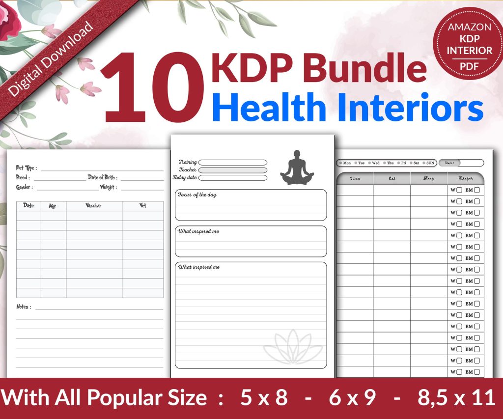 Amazon KDP Health Bundle of 10 interiors with 3 Size 6×9 8.5×11 5×8 Low Content Books Logbook, Ready To Upload PDF COMMERCIAL Use
