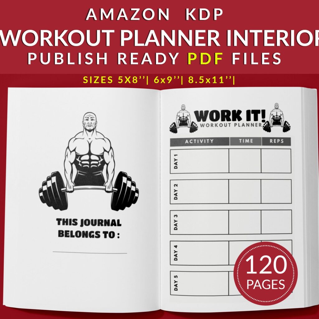 Workout Planner Journal 120 pages Ready to Upload PDF Commercial use Low Content fitness tracker Book KDP Template 6×9 8.5×11 5×8