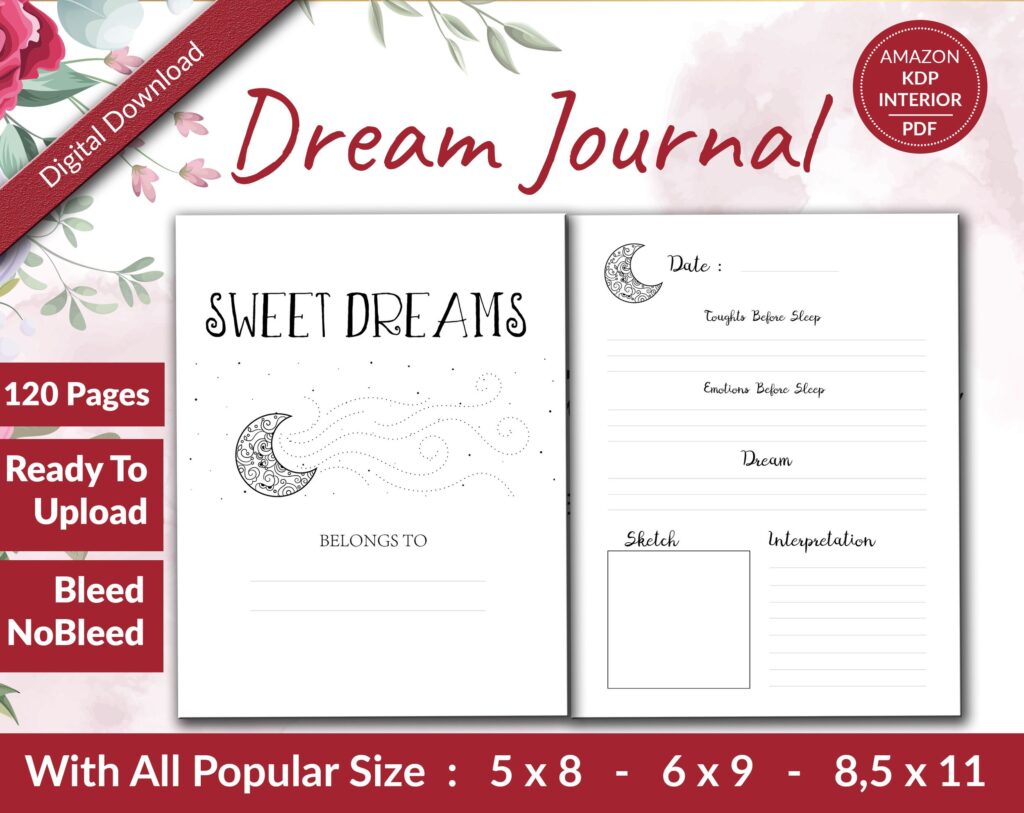 Dream Journal Amazon KDP interiors Templates for Journal & Low Content Notebook… , Ready To Upload PDF COMMERCIAL Use