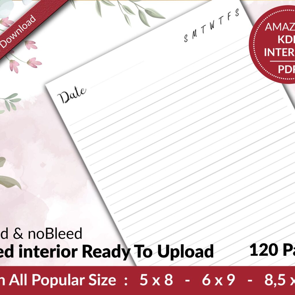 Lined Pages Journal 120 pages Ready to Upload PDF Commercial Use KDP Template 6×9 8.5×11 5×8 for Notebooks, Diaries, Low Content