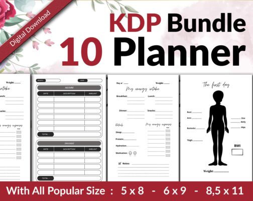 Amazon KDP Planner Bundle of 10 interiors 3 Size 6x9 8.5x11 5x8 Low Content Books Logbook, Workbook... , Ready To Upload PDF COMMERCIAL Use