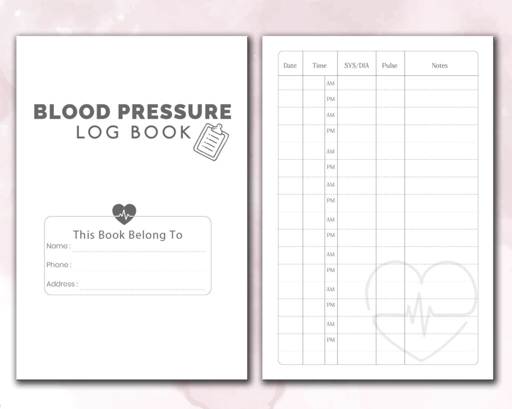 Blood Pressure Log Book 120 pages Ready to Upload PDF Commercial use Low Content Planner tracker or log Book KDP Template 6×9 8.5×11 5×8 Inactive