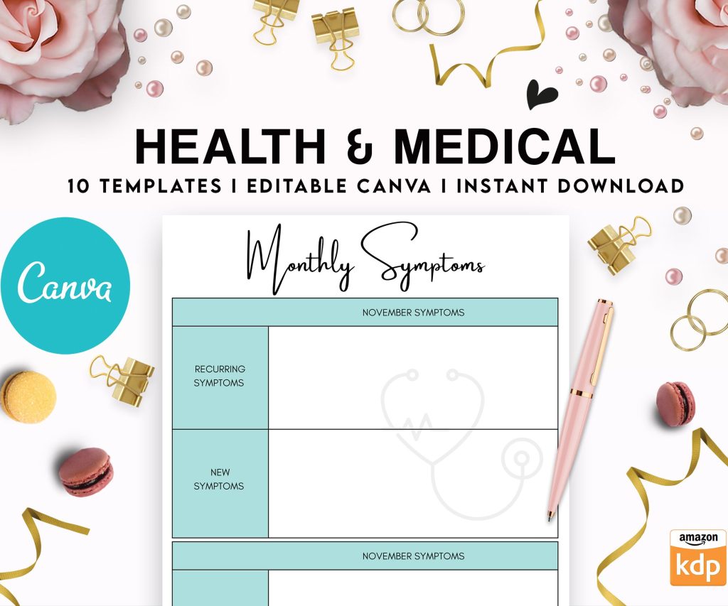 10 Editable Canva Health & Medical Planner Templates for Journal, Canva KDP Planner editable interiors Bundle COMMERCIAL