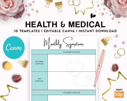 Editable Canva Health & Medical Planner Templates, Canva KDP journal