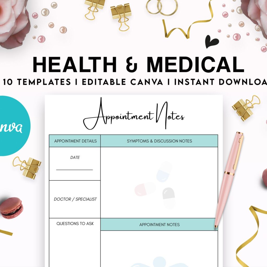 10 Editable Canva Health & Medical Planner Templates for Journal, Canva KDP Planner editable interiors Bundle COMMERCIAL