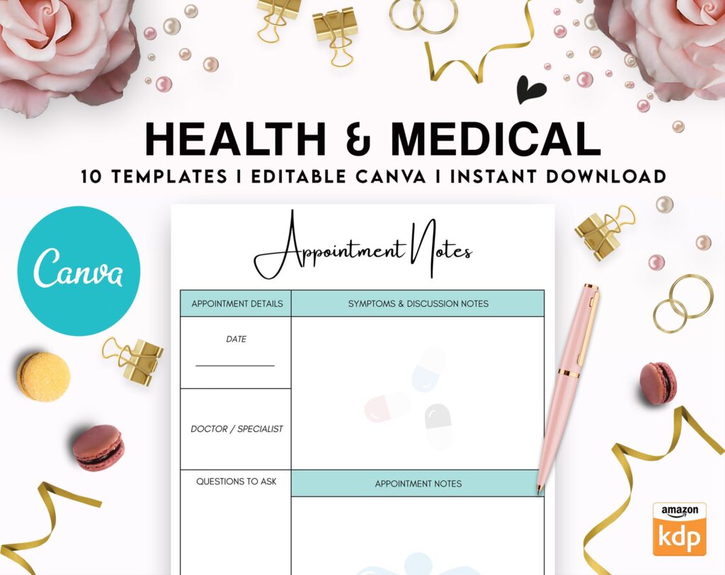 10 Editable Canva Health & Medical Planner Templates for Journal, Canva KDP Planner editable interiors Bundle COMMERCIAL
