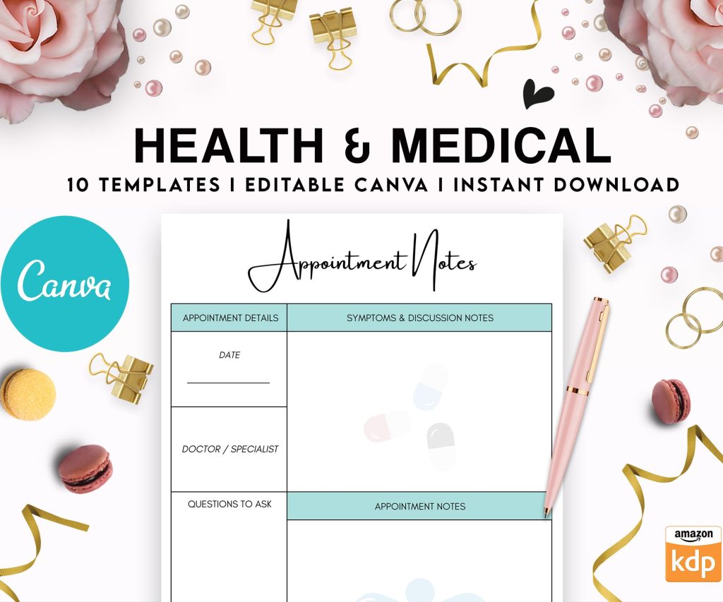 10 Editable Canva Health & Medical Planner Templates for Journal, Canva KDP Planner editable interiors Bundle COMMERCIAL