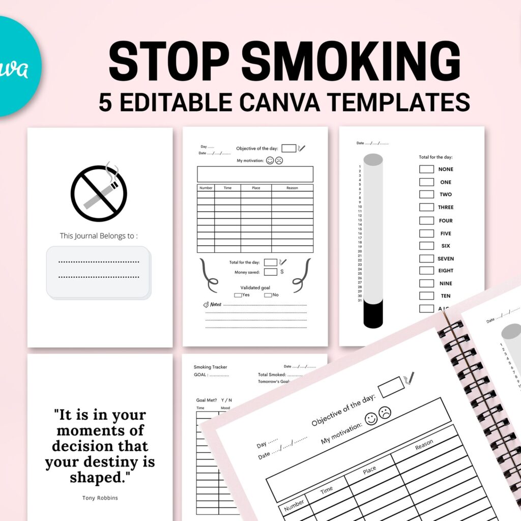Stop Smoking Tracker Journal 5 Editable Canva Templates for Journal, Canva KDP editable interior to Quit Smoking COMMERCIAL USE