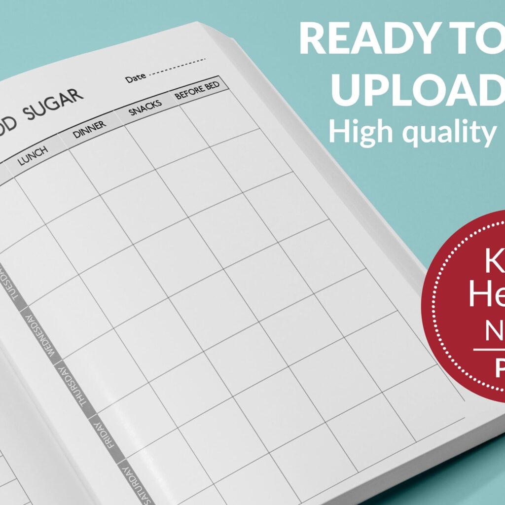Blood Sugar Log Book 120 pages Ready to Upload PDF Commercial use Low Content tracker or Diabetic log Book KDP Template 6×9 8.5×11 5×8