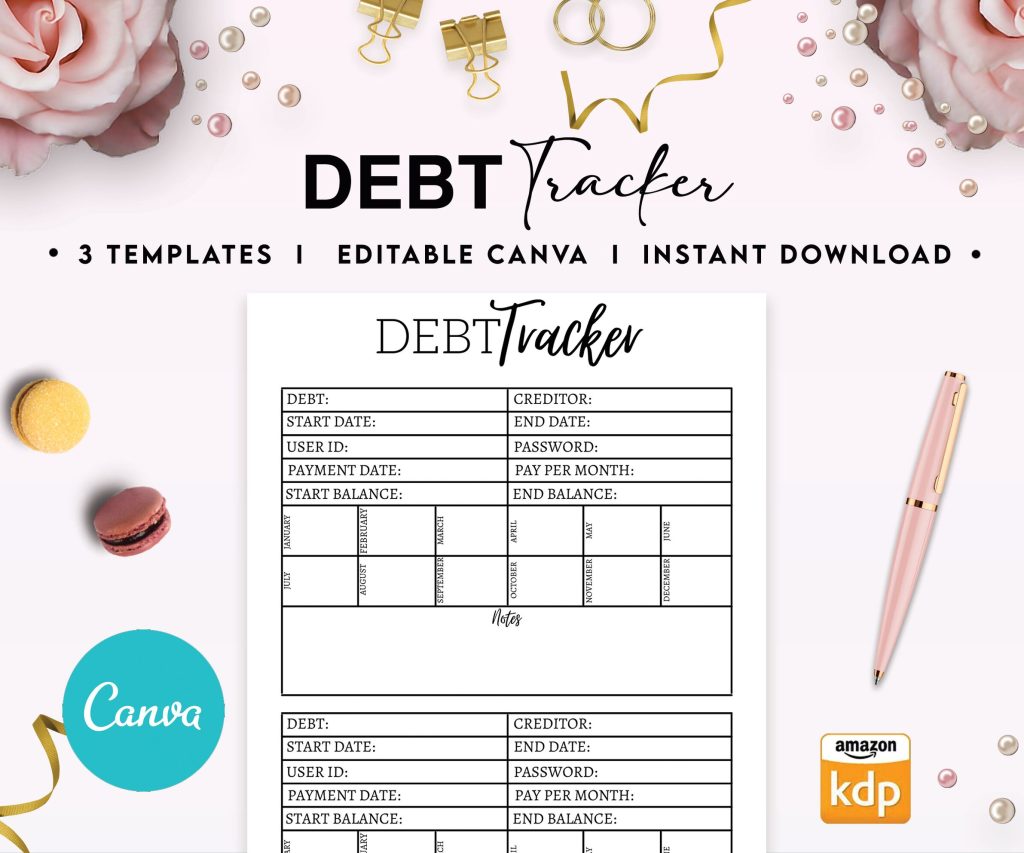 Debt Tracker 3 Editable Canva Templates for Journal, Canva KDP editable interior to track your Debt 6×9″ COMMERCIAL USE