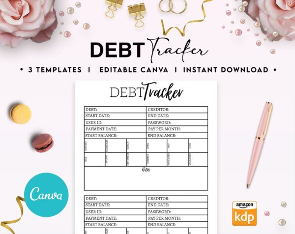 Debt Tracker 3 Editable Canva Templates for Journal, Canva KDP editable interior to track your Debt 6×9″ COMMERCIAL USE
