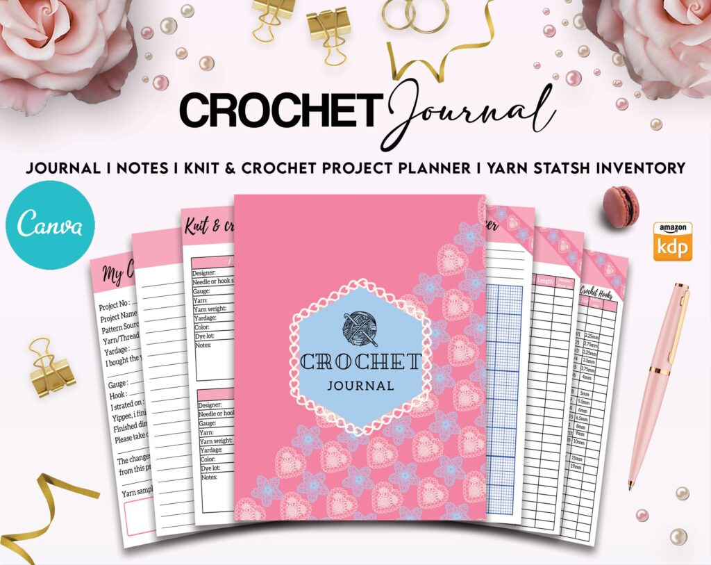 Crochet Editable Templates for Journal, Canva KDP Planner editable interiors Bundle