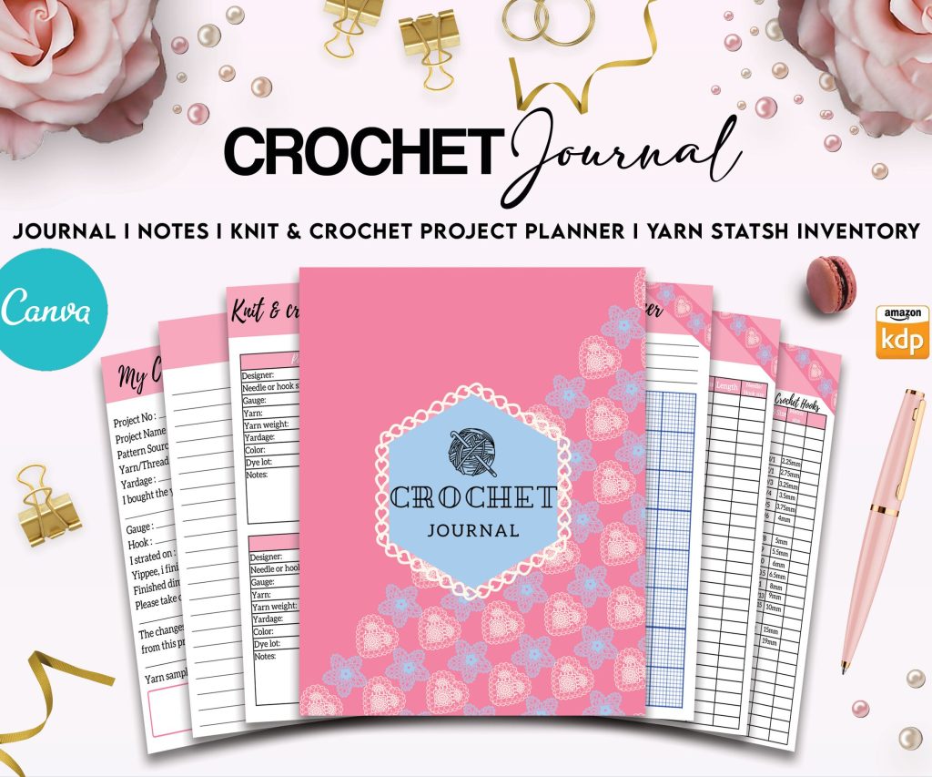 Crochet Editable Templates for Journal, Canva KDP Planner editable interiors Bundle