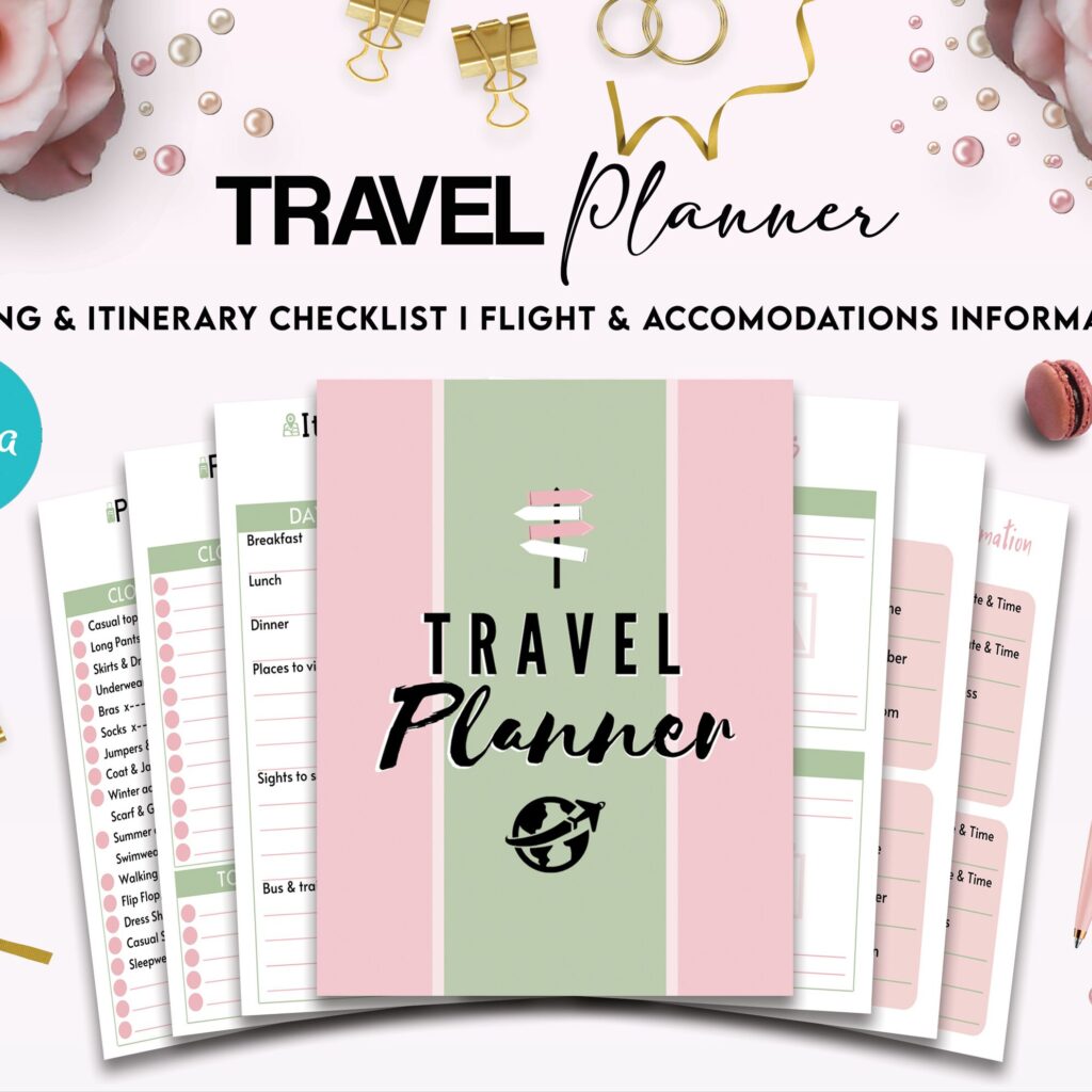 Travel Planner Editable 12 Templates for Journal, Canva KDP Planner editable interiors Bundle