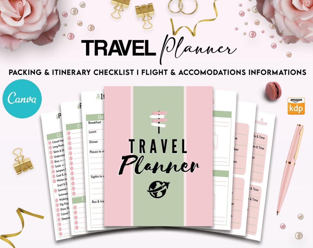Travel Planner Editable 12 Templates for Journal, Canva KDP Planner editable interiors Bundle