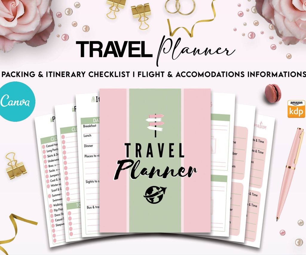 Travel Planner Editable 12 Templates for Journal, Canva KDP Planner editable interiors Bundle