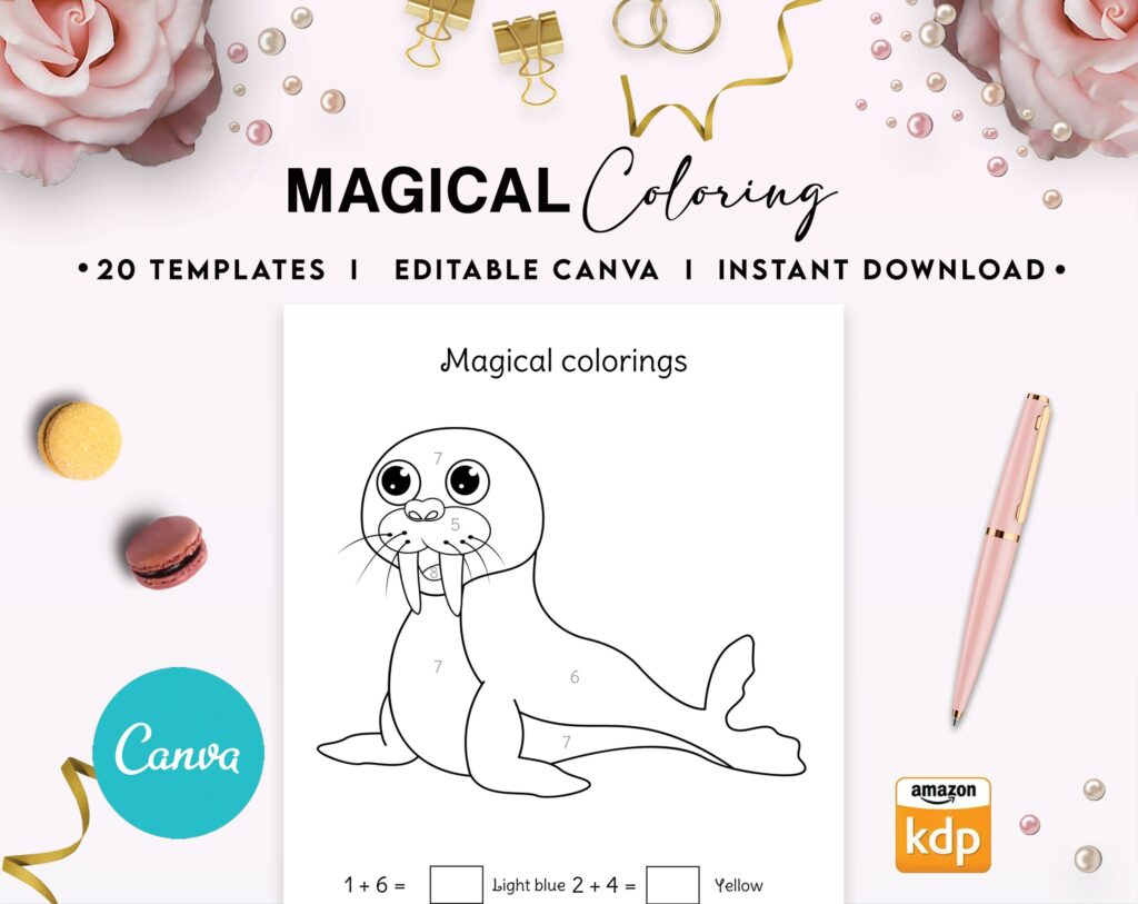 Magical Coloring Canva KDP interior Kids Activity Coloring Book with numbers, Used as Low Content Book, Editable Canva Template COMMERCIAL Use