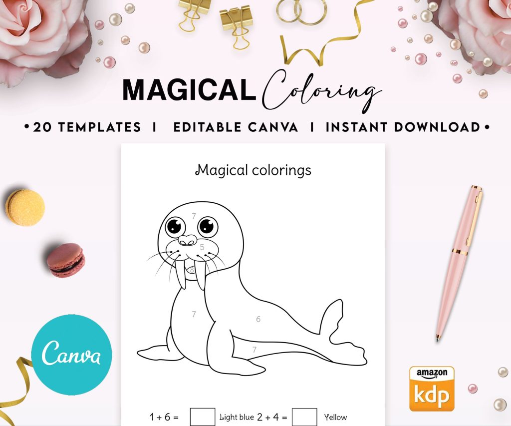 Magical Coloring Canva KDP interior Kids Activity Coloring Book with numbers, Used as Low Content Book, Editable Canva Template COMMERCIAL Use
