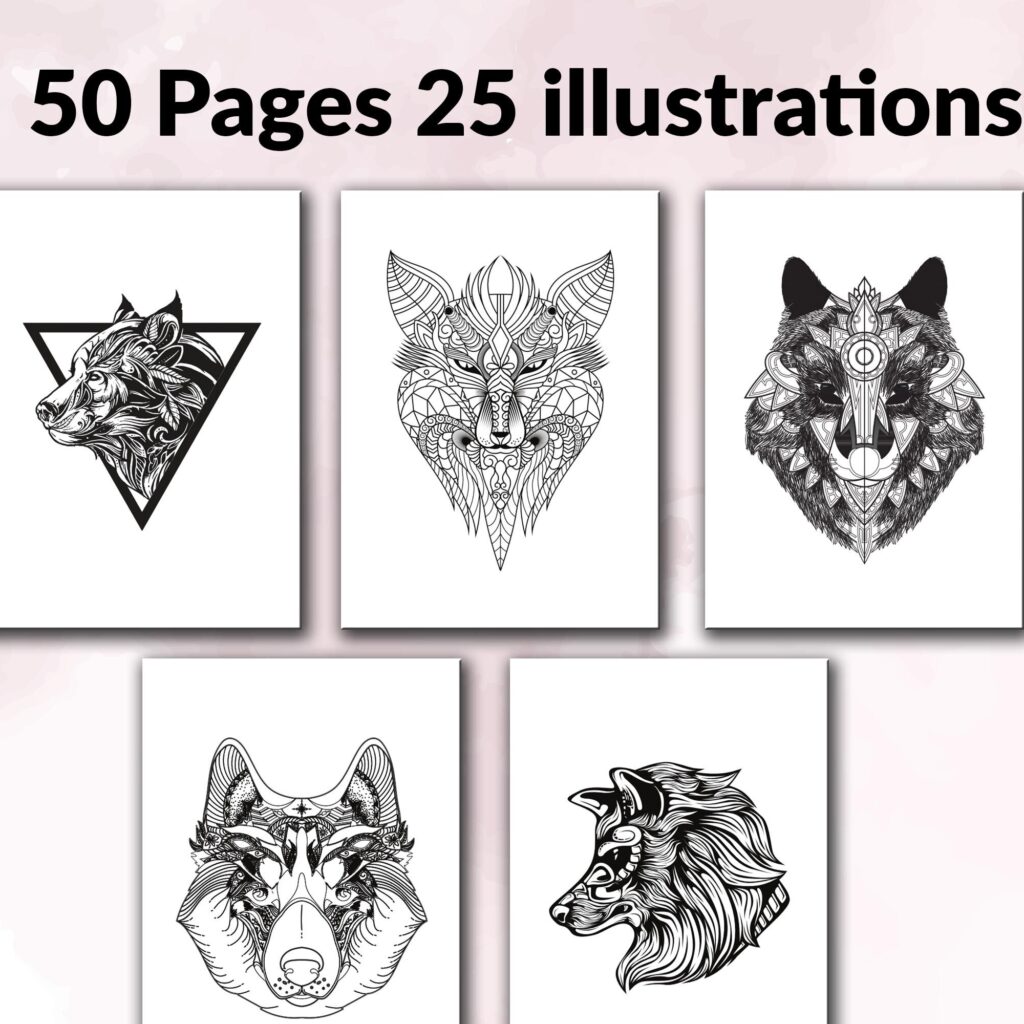 Wolf Coloring KDP interior For Adults, Used as Low Content Book, PDF Template Ready To Upload COMMERCIAL Use 8.5×11″