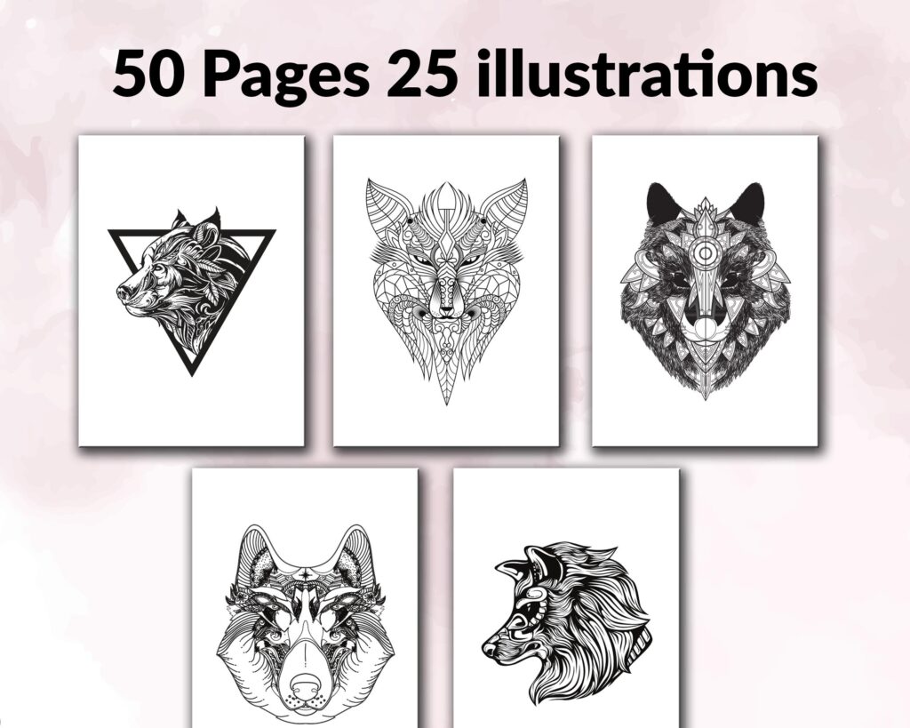 Wolf Coloring KDP interior For Adults, Used as Low Content Book, PDF Template Ready To Upload COMMERCIAL Use 8.5×11″