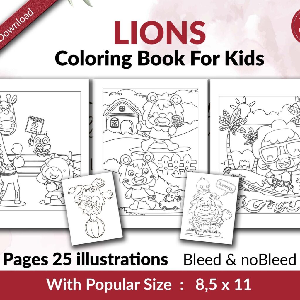 Lions Coloring KDP interior For Kids Activities, Used as Low Content Book, PDF Template Ready To Upload COMMERCIAL Use 8.5×11″