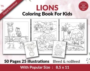 Lions Coloring KDP interior For Kids Activities, Used as Low Content Book, PDF Template Ready To Upload COMMERCIAL Use 8.5x11