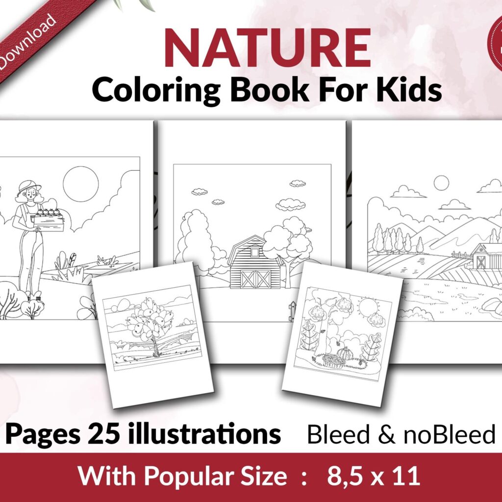 Nature Coloring KDP interior For Kids Activities, Used as Low Content Book, PDF Template Ready To Upload COMMERCIAL Use 8.5×11″