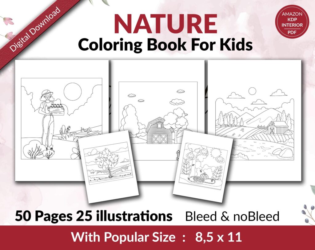 Nature Coloring KDP interior For Kids Activities, Used as Low Content Book, PDF Template Ready To Upload COMMERCIAL Use 8.5×11″