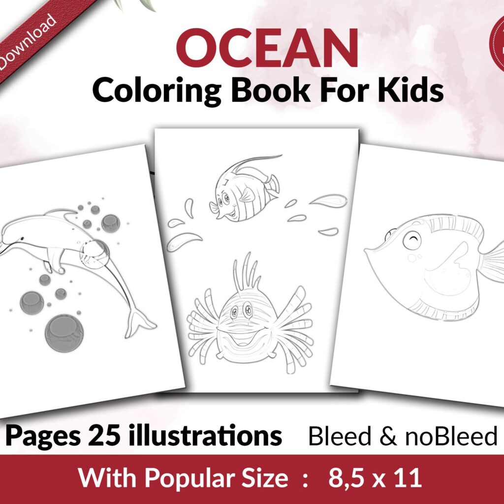 Ocean Underwater Coloring KDP interior For Kids Activities, Used as Low Content Book, PDF Template Ready To Upload COMMERCIAL Use 8.5×11″