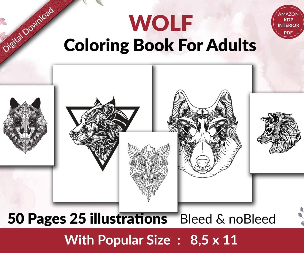 Wolf Coloring KDP interior For Adults, Used as Low Content Book, PDF Template Ready To Upload COMMERCIAL Use 8.5×11″