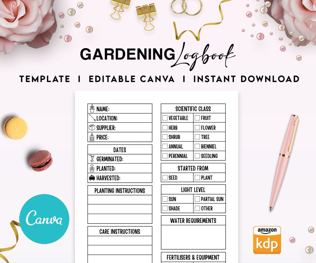 Gardening Logbook Tracker Journal 6×9″ Canva Editable Template, Canva KDP Kids editable interior digital and printable,