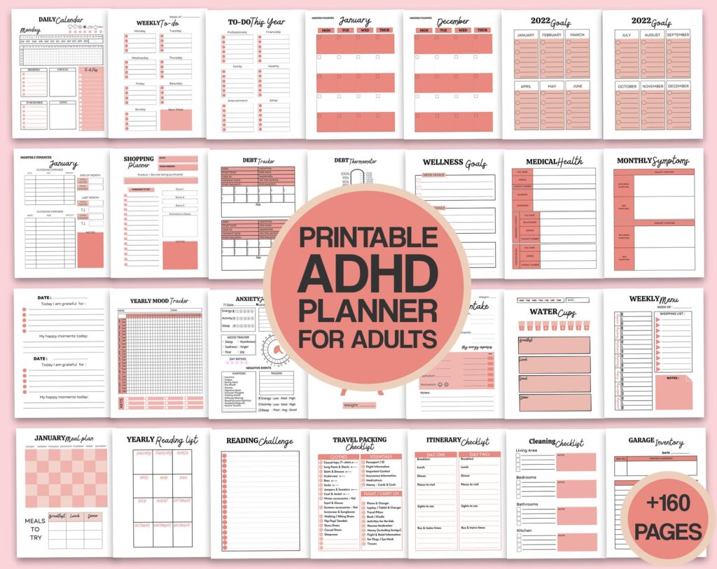 Adult ADHD +160 Pages Life Planner for Journal, KDP Planner interiors bundle, printable PDF size 8.5×11″