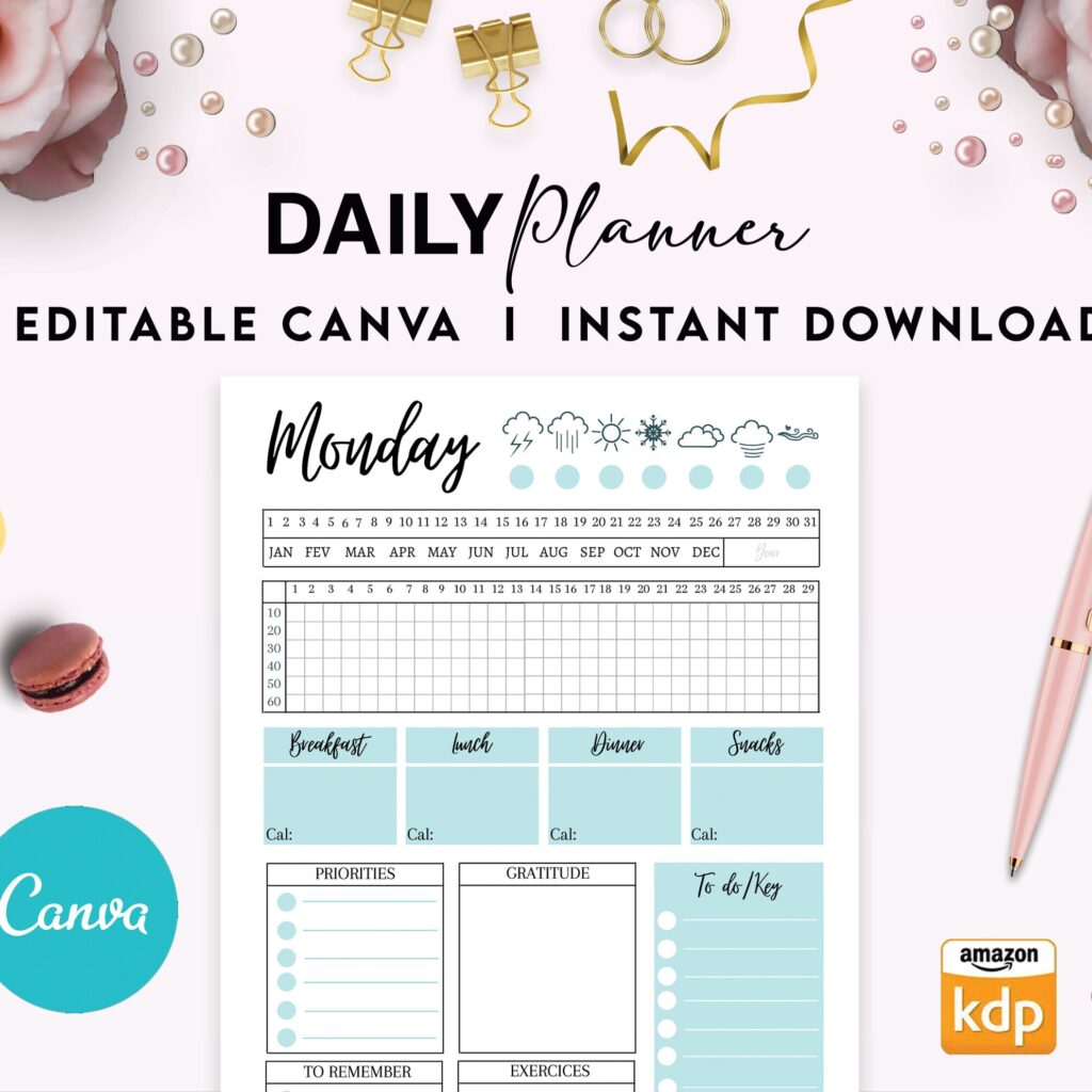Canva Daily Planner Template for Journal, Canva KDP Planner editable interior COMMERCIAL USE