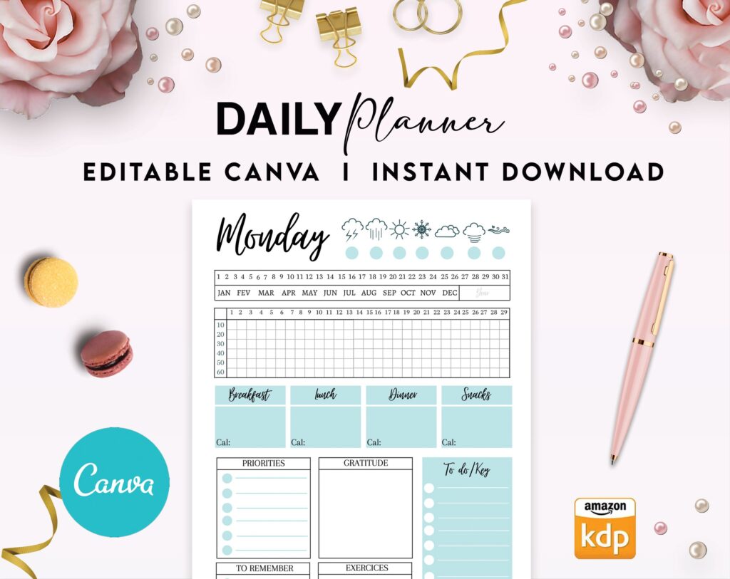Canva Daily Planner Template for Journal, Canva KDP Planner editable interior COMMERCIAL USE