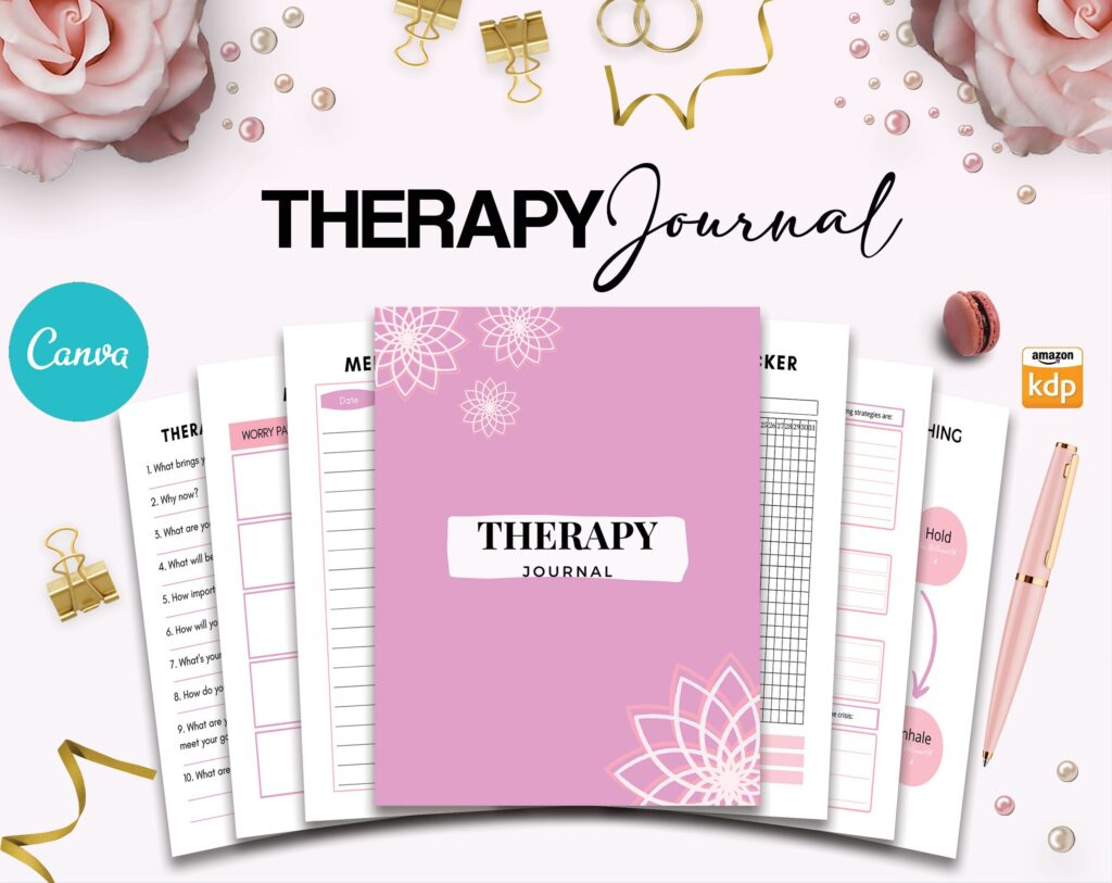 Therapy Journal with questions workbook 8.5×11″ Canva Editable 30 Templates, Canva KDP editable interior, digital and printable.Mental