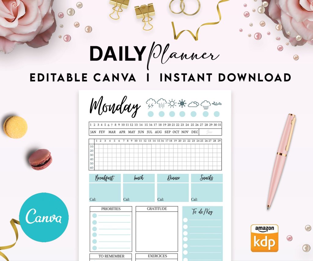 Advanced Daily Planner Editable Templates for Journal, Canva KDP Planner editable interior