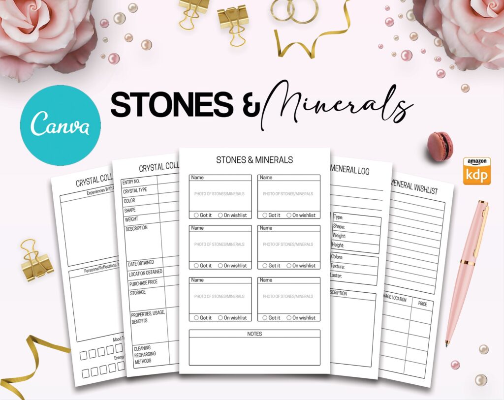 Stone Mineral Crystal Journal 6×9″ Canva 5 Editable Templates, Canva KDP Kids editable interior digital and printable