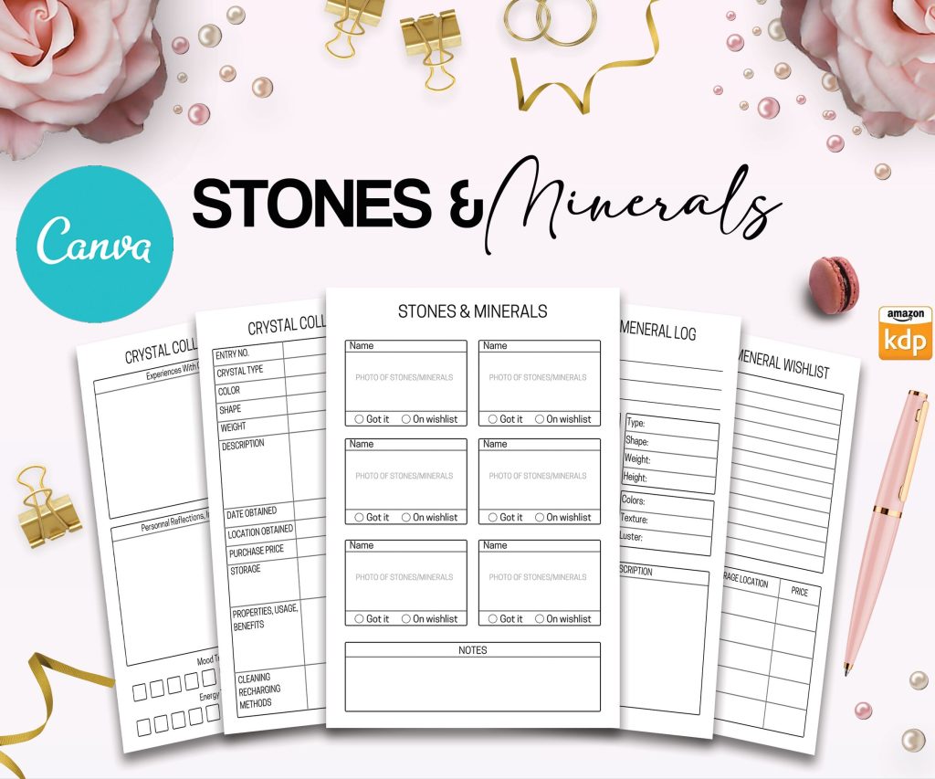 Stone Mineral Crystal Journal 6×9″ Canva 5 Editable Templates, Canva KDP Kids editable interior digital and printable