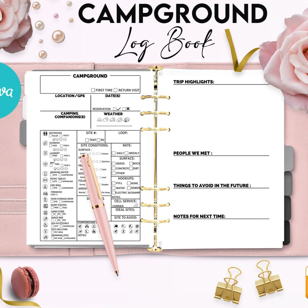 Camping Campground Journal 6×9″ Canva Editable Template, Canva KDP editable interior digital and printable,