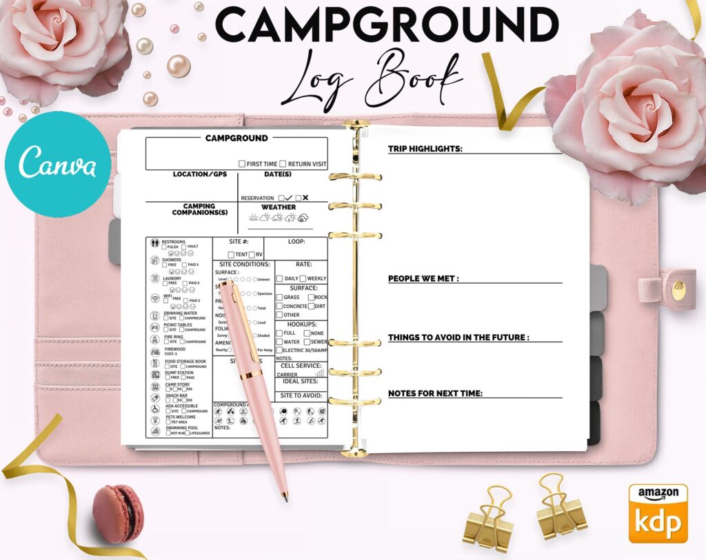 Camping Campground Journal 6×9″ Canva Editable Template, Canva KDP editable interior digital and printable,