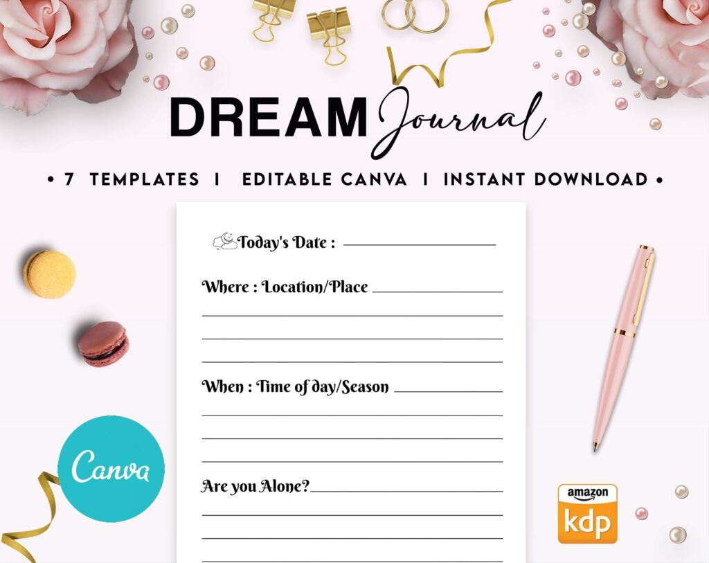 Dream Journal 7 Editable Canva Templates for Journal, Canva KDP dream logbook editable interior 6×9″ low content book