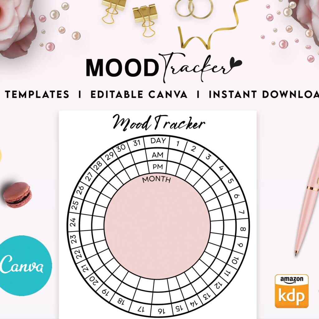 Yearly Mood Tracker Circle Templates for Journal, Canva KDP Planner editable interiors commercial use