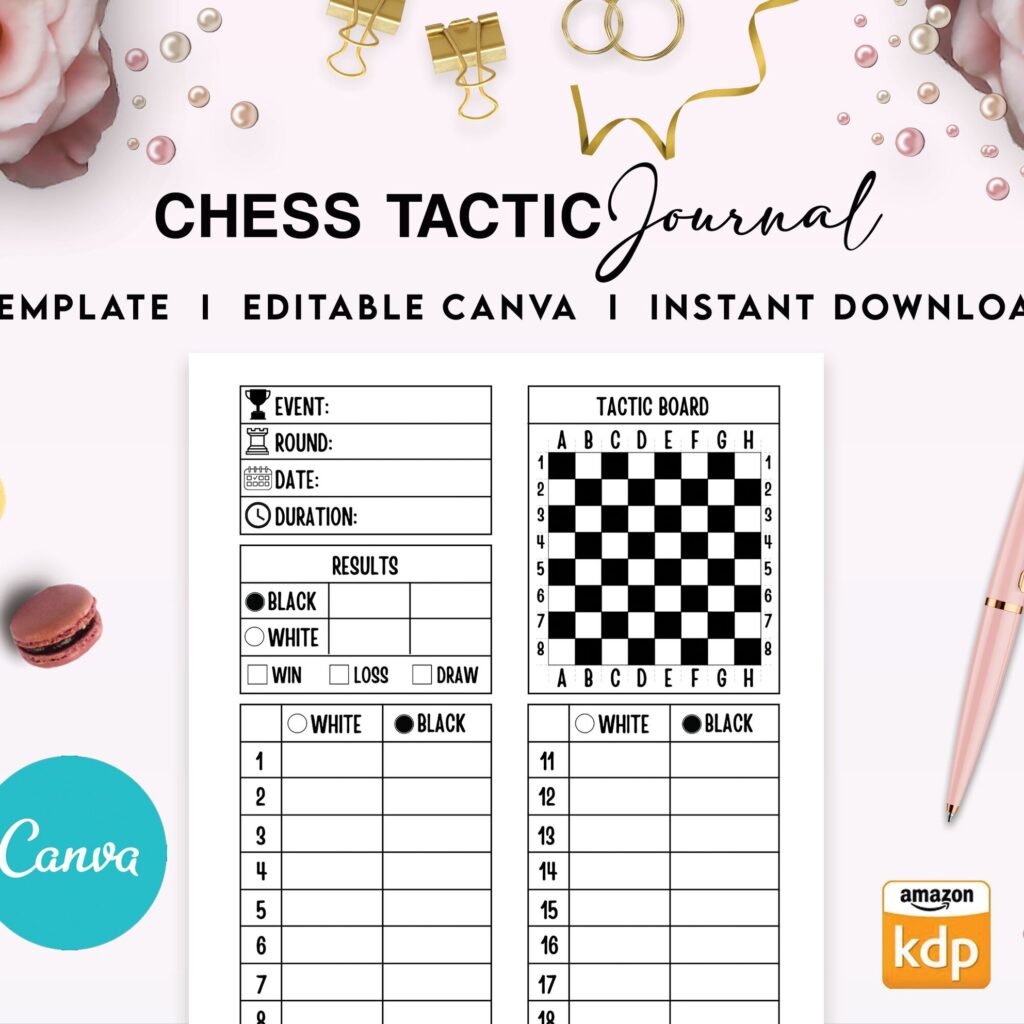 Chess Tactic Logbook Journal 6×9″ Canva Editable Template, Canva KDP editable interior digital and printable,