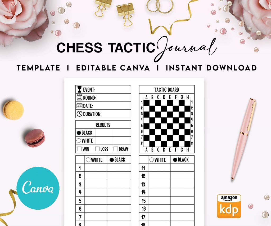 Chess Tactic Logbook Journal 6×9″ Canva Editable Template, Canva KDP editable interior digital and printable,