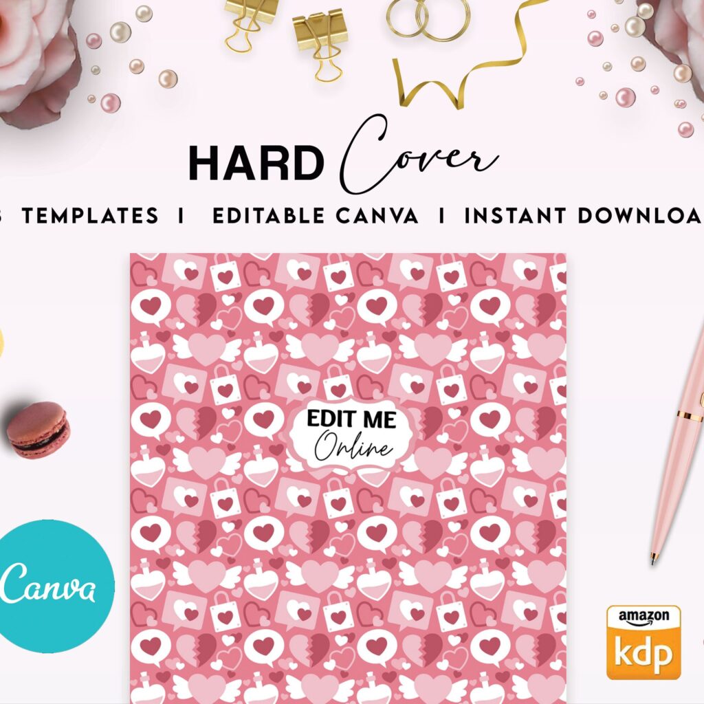 3 Hearth Pattern pink girl Hardcover Template Canva Editable For Notebook, Journal, Hard Covers, Canva template For KDP Cover 6×9″ 120 pages