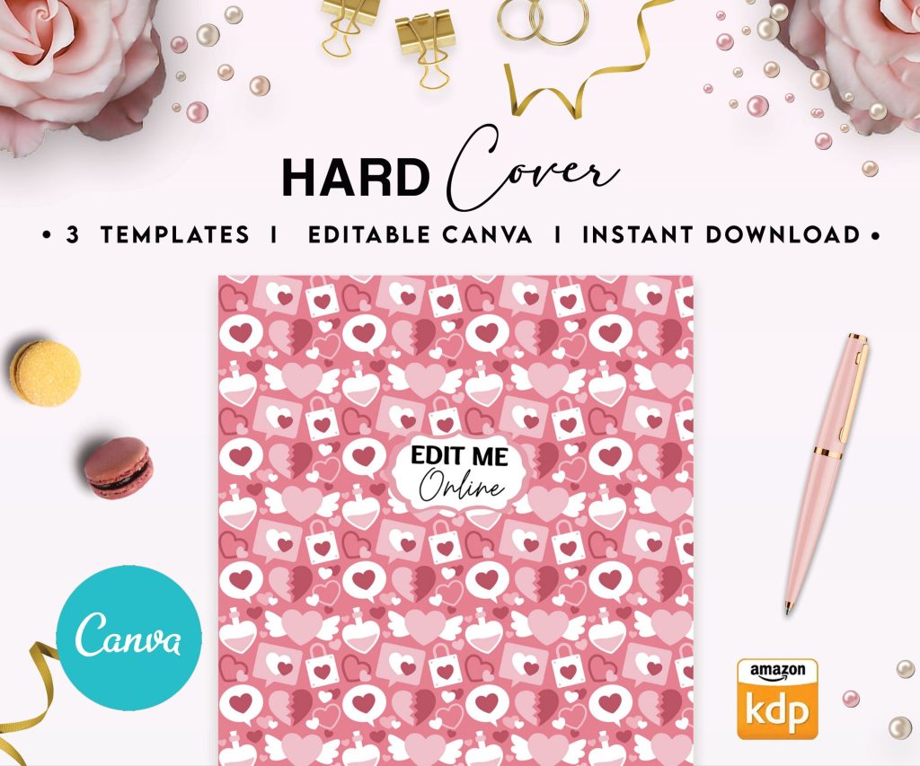 3 Hearth Pattern pink girl Hardcover Template Canva Editable For Notebook, Journal, Hard Covers, Canva template For KDP Cover 6×9″ 120 pages