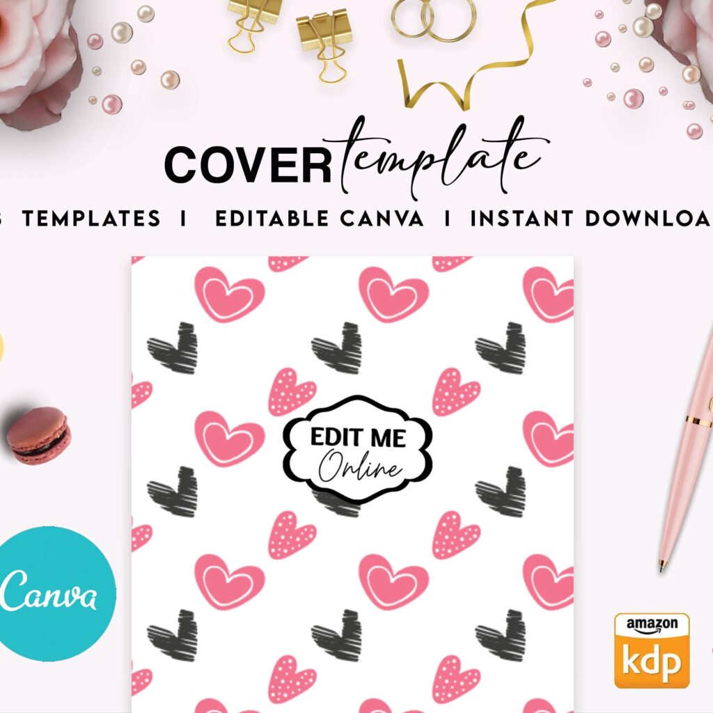 Hearth Pattern girl pink Book Cover Template Bundle Canva Editable For Notebook Journal Binder Covers, Canva For KDP Cover 6×9″ 120 pages