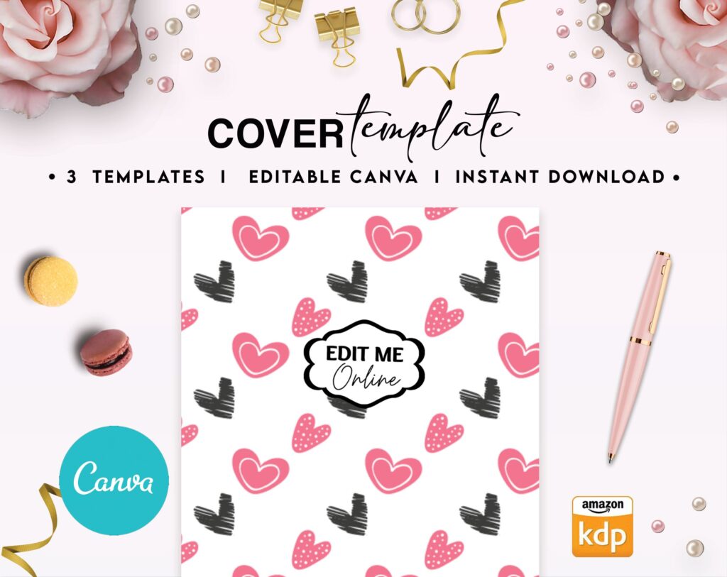 Hearth Pattern girl pink Book Cover Template Bundle Canva Editable For Notebook Journal Binder Covers, Canva For KDP Cover 6×9″ 120 pages